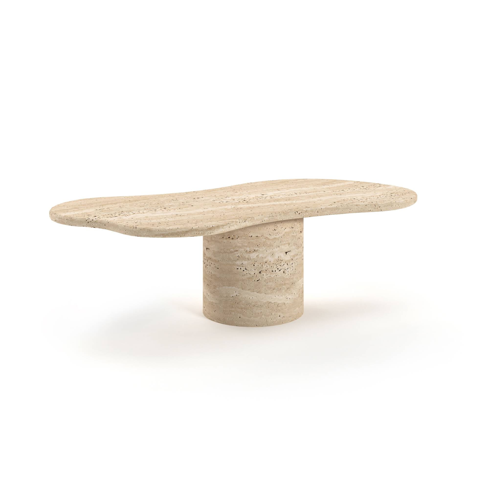 Minimalist Luzione travertine coffee table with organic shape & cylindrical base. Natural stone adds warmth to modern living space