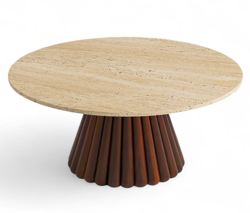Round travertine top coffee table with dark wood base