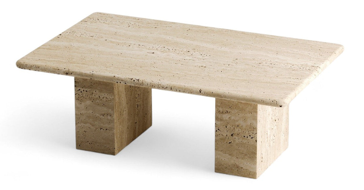travertine rectangular coffee table with two block legs on white background