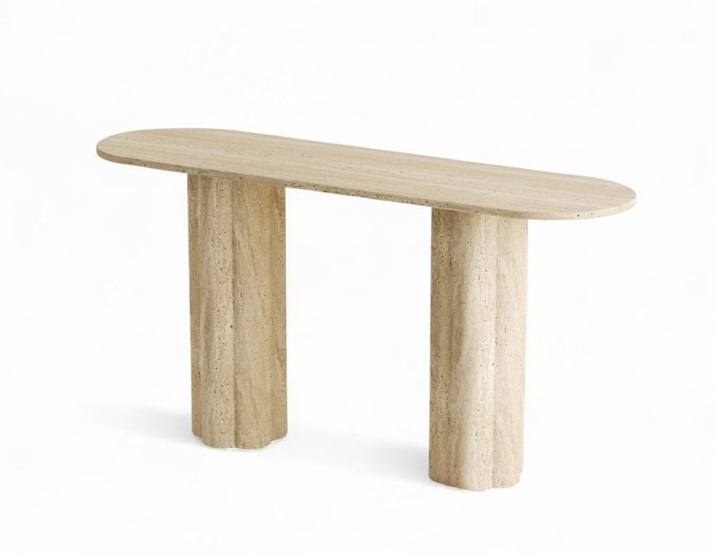Travertine console table with rounded top and fluted legs on white background