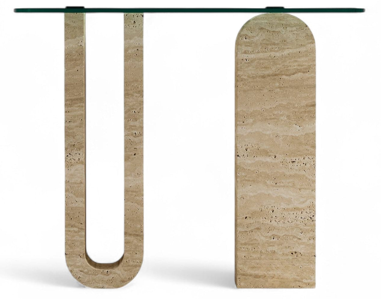 Studio shot of travertine console table with glass top