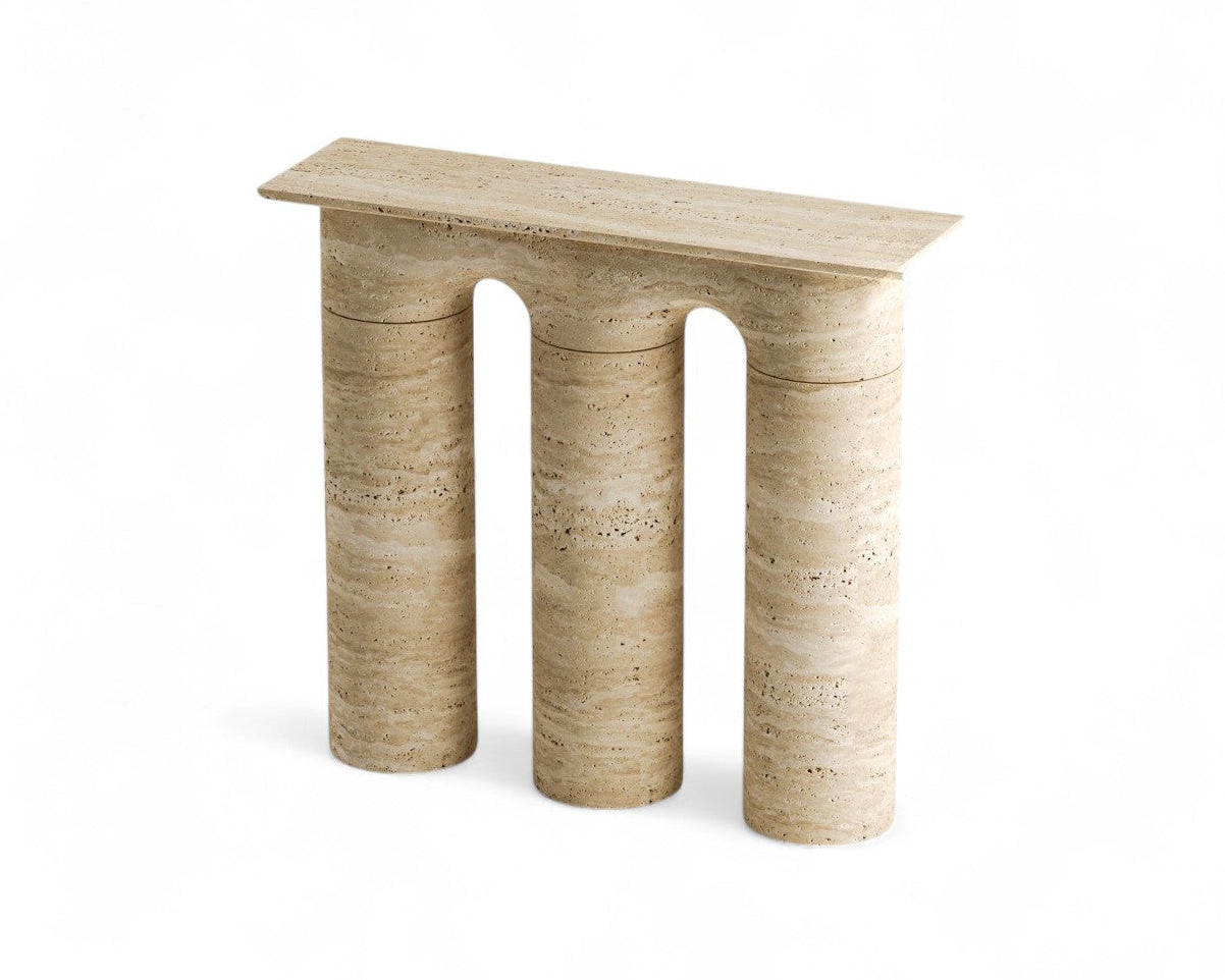 Travertine console table with three cylindrical legs and rectangular top