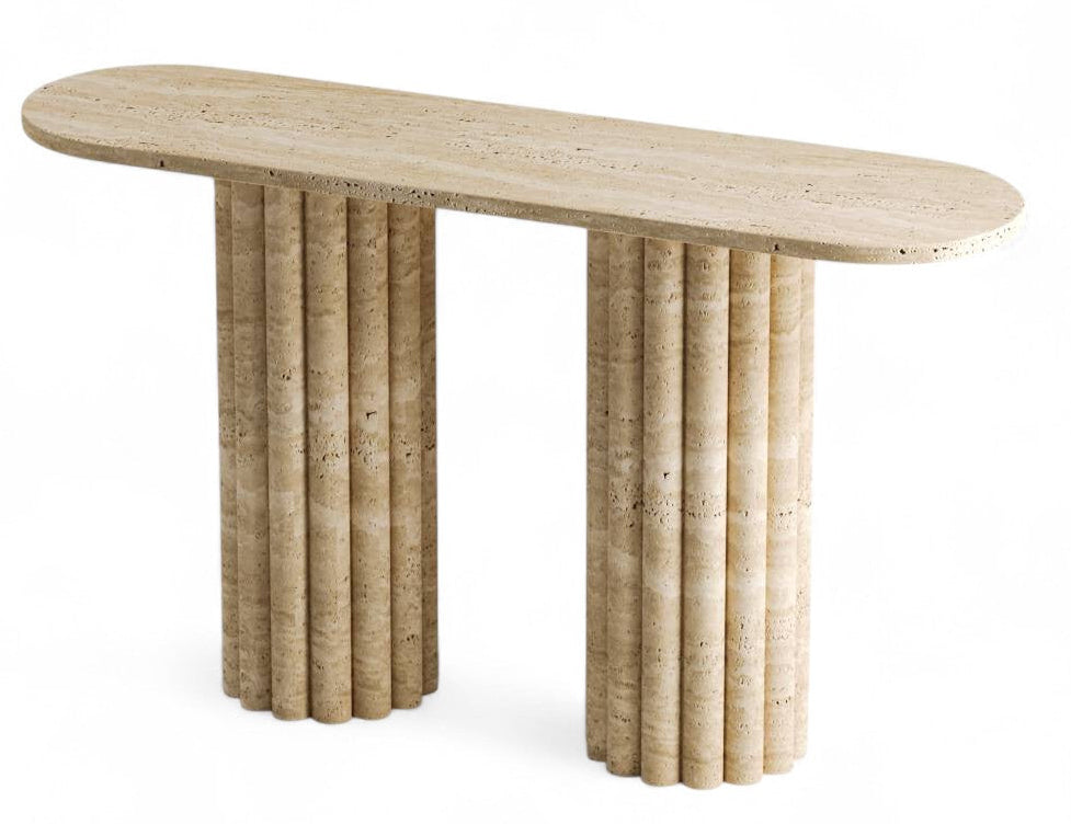 Studio view of travertine console table with fluted cylindrical legs on white background. Travertine console table, fluted legs, stone furniture, modern entryway table, natural stone console. View of the stone console table with two fluted cylindrical bases and an oval top.