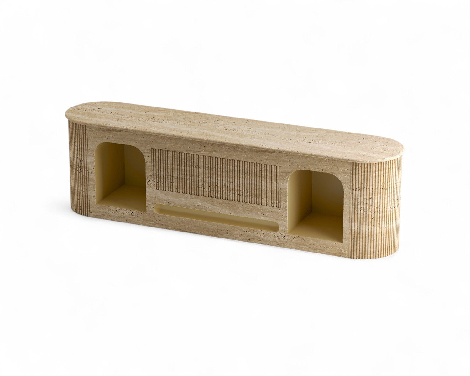 Isolated view of travertine console table with fluted texture and arched openings