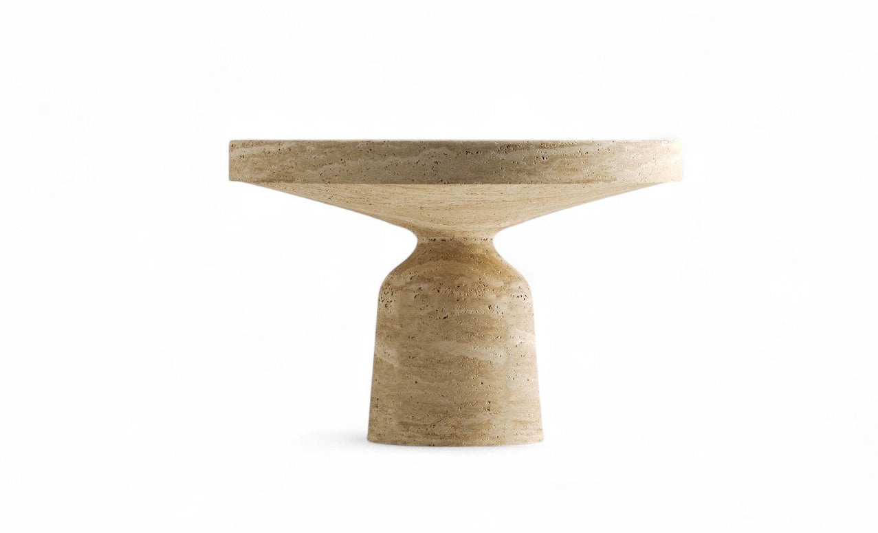 Travertine stone side table with hourglass shape on white background