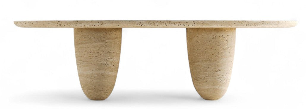 Travertine stone coffee table with two conical legs on white background