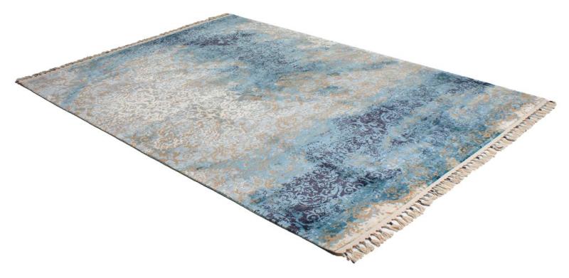 Overhead view of blue and beige patterned area rug with fringe.