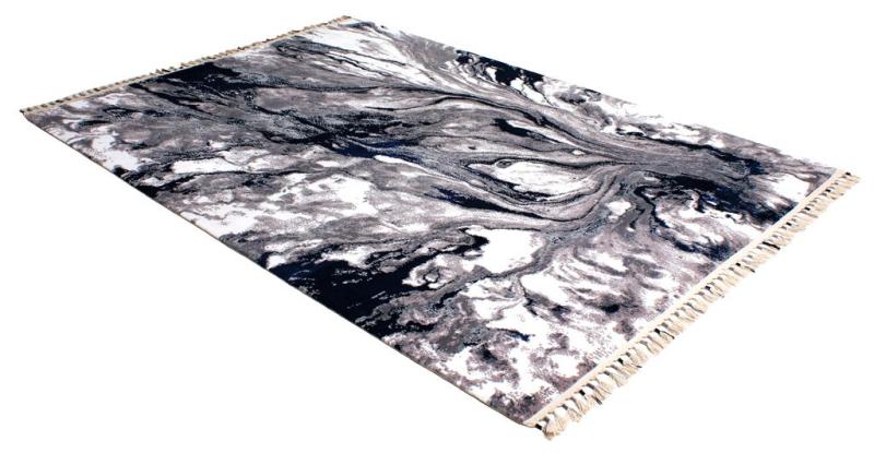 Black white gray marble pattern area rug with fringe