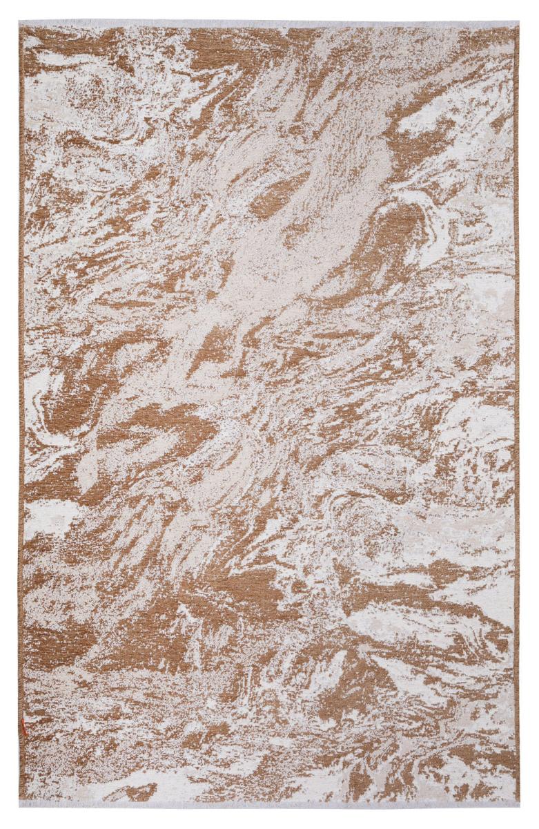 Overhead view of brown and white abstract patterned rug