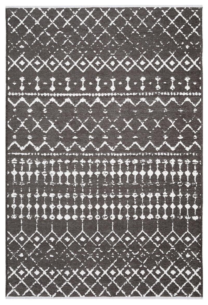 Overhead view, dark gray and white patterned area rug, geometric design.