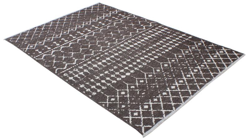 View of a brown and white patterned area rug on a white background. SEO keywords: area rug, brown rug, white pattern, geometric pattern, floor covering, home decor, living room rug, bedroom rug, modern rug, furniture. Product description: Rectangular area rug featuring a repeating geometric pattern in brown and white, suitable for various interior spaces.