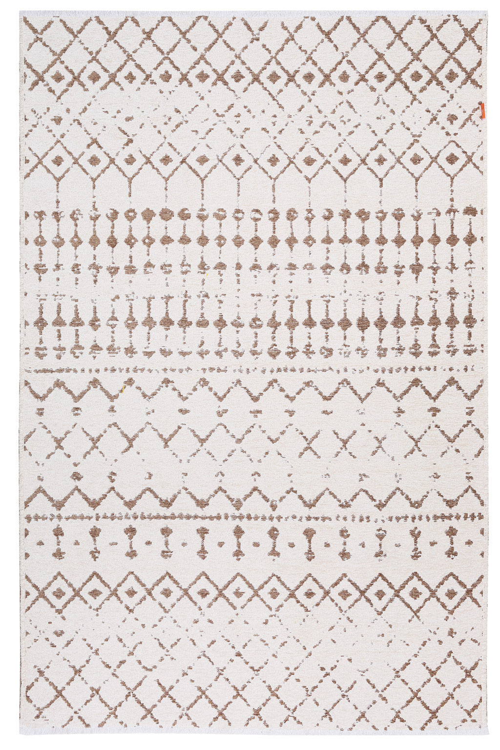Overhead view of white and brown patterned area rug on white background.
