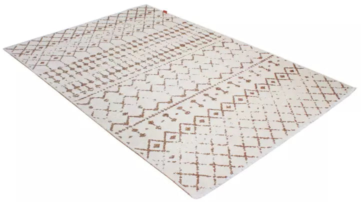 View of white rug with brown geometric pattern on white background.