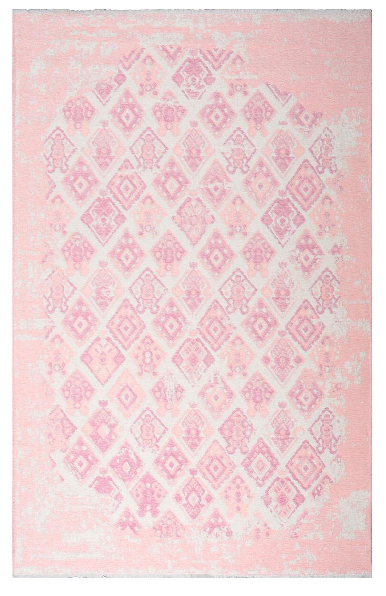 Pink and white patterned area rug with geometric design