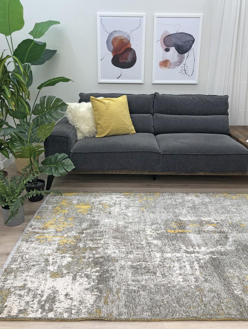 Indoor living room scene with gray sofa, abstract wall art, and gray rug.