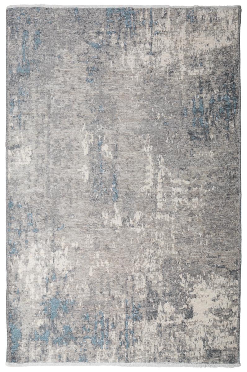 Gray and blue abstract pattern area rug on white background