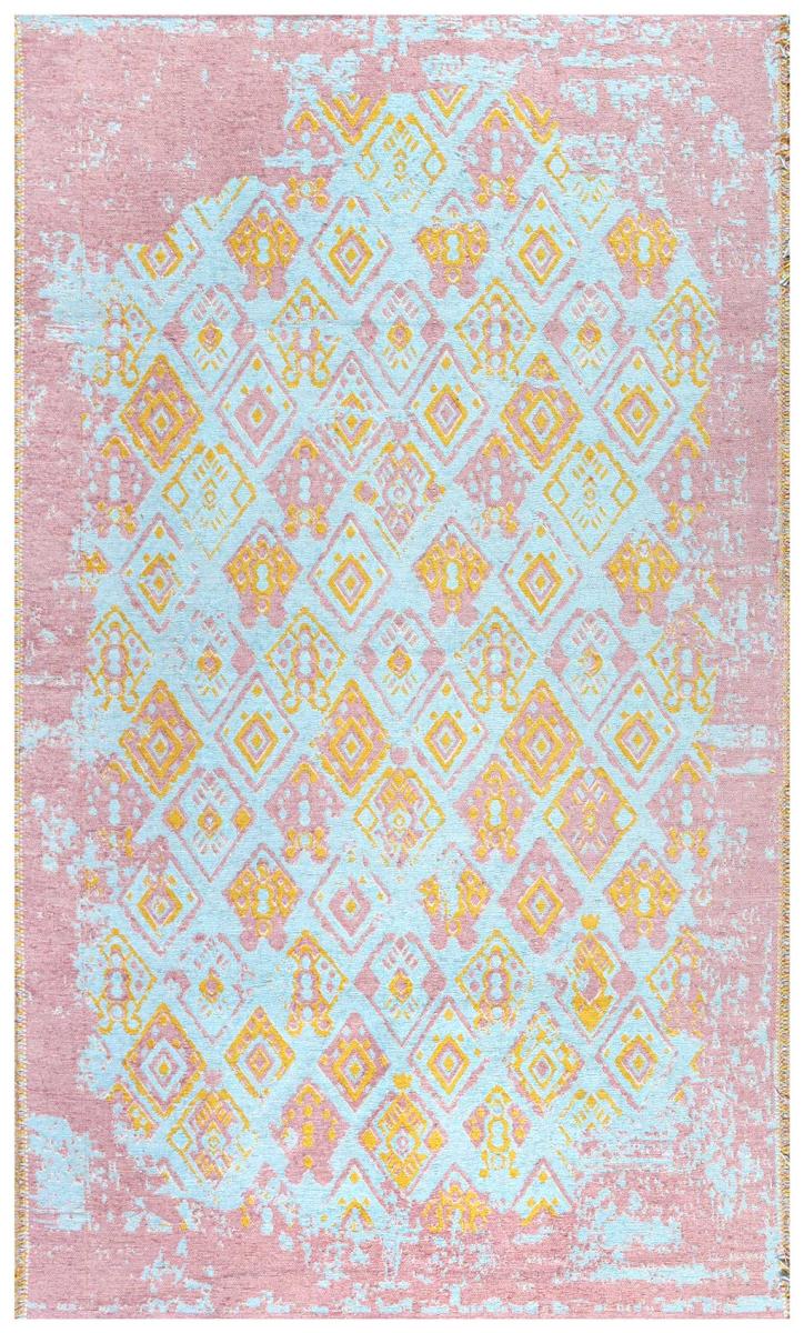 Pink blue yellow geometric pattern area rug with fringe