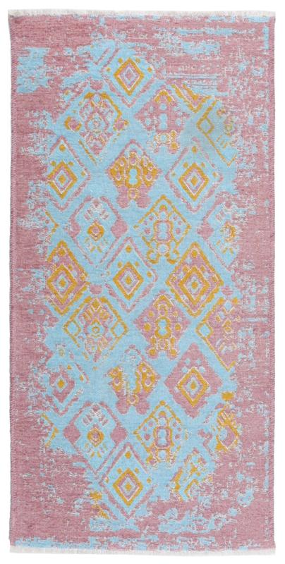 Overhead view of pink and blue patterned area rug with diamond shapes