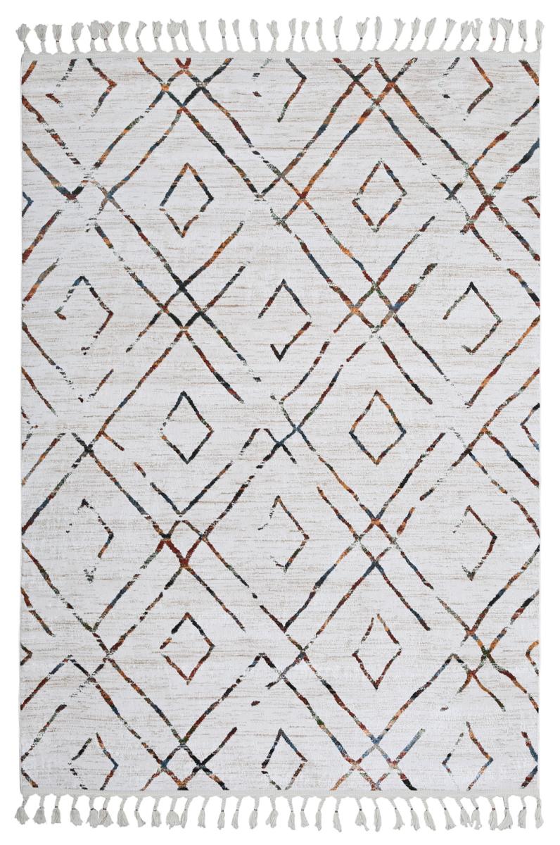 White rug with multicolored geometric diamond pattern and tassels