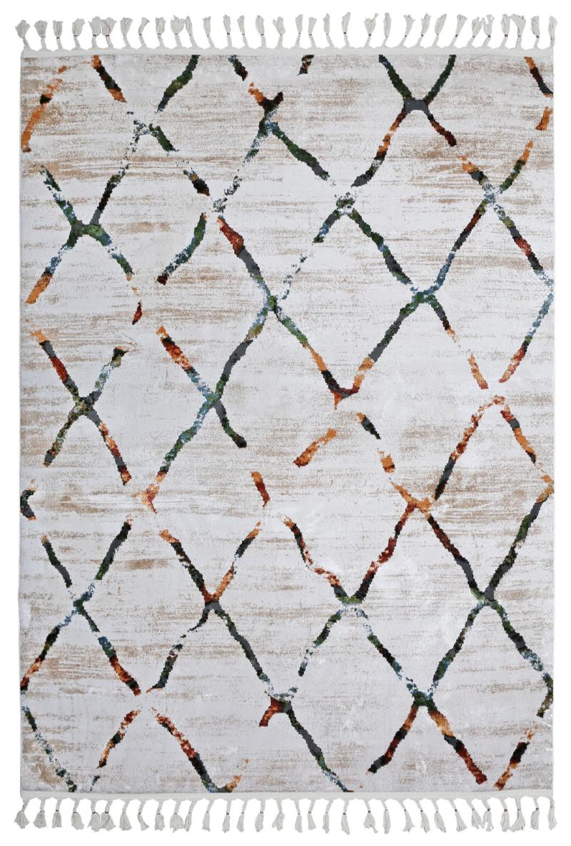 Abstract white area rug with colorful diamond pattern and tassels.