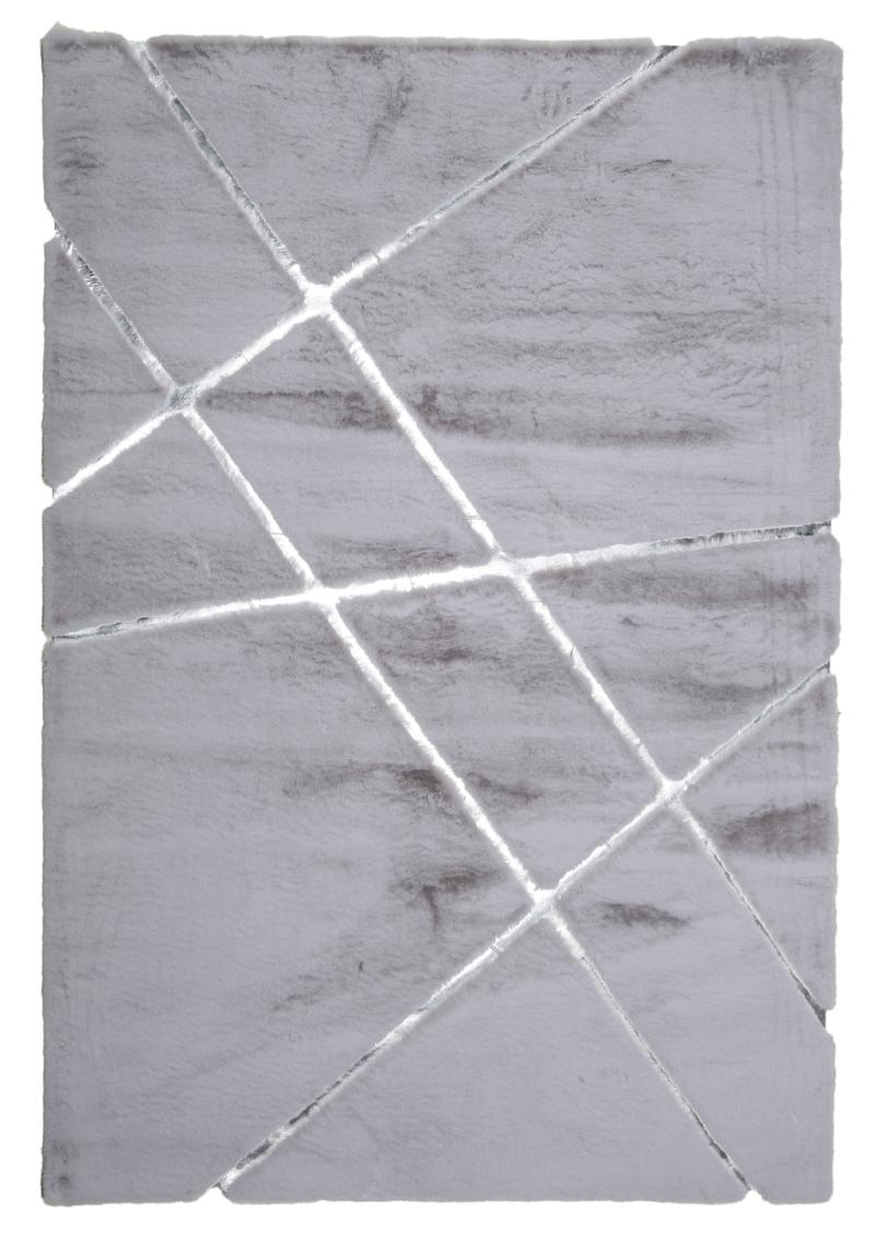 Front view of Rabbit Fur Rug in plush gray and silver tones, enhancing the coziness of a modern living room.