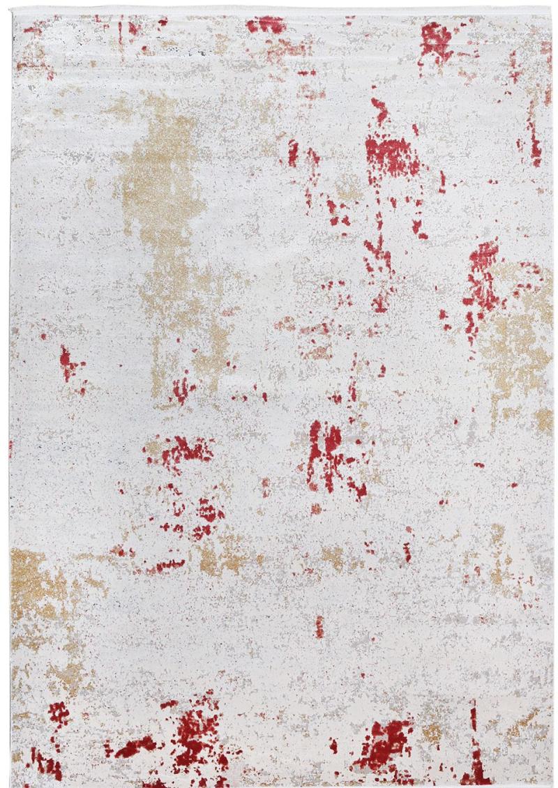 White rug with abstract red and beige pattern