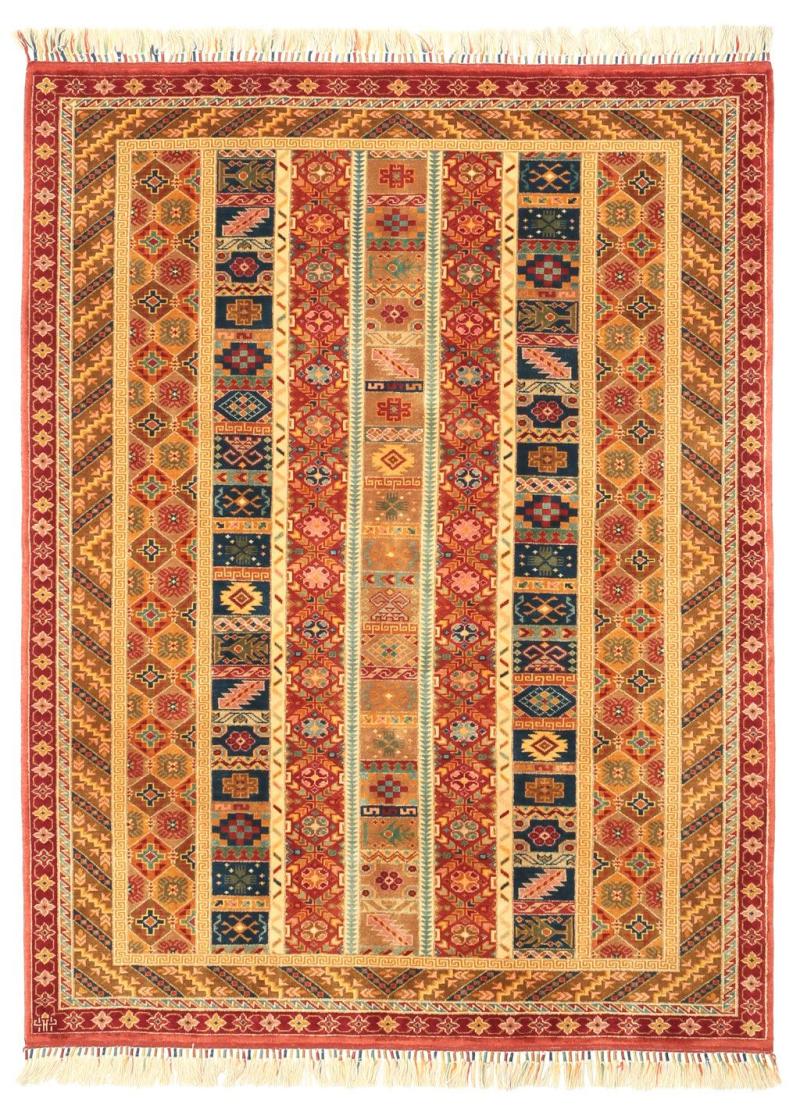 Overhead view of colorful patterned area rug with fringe