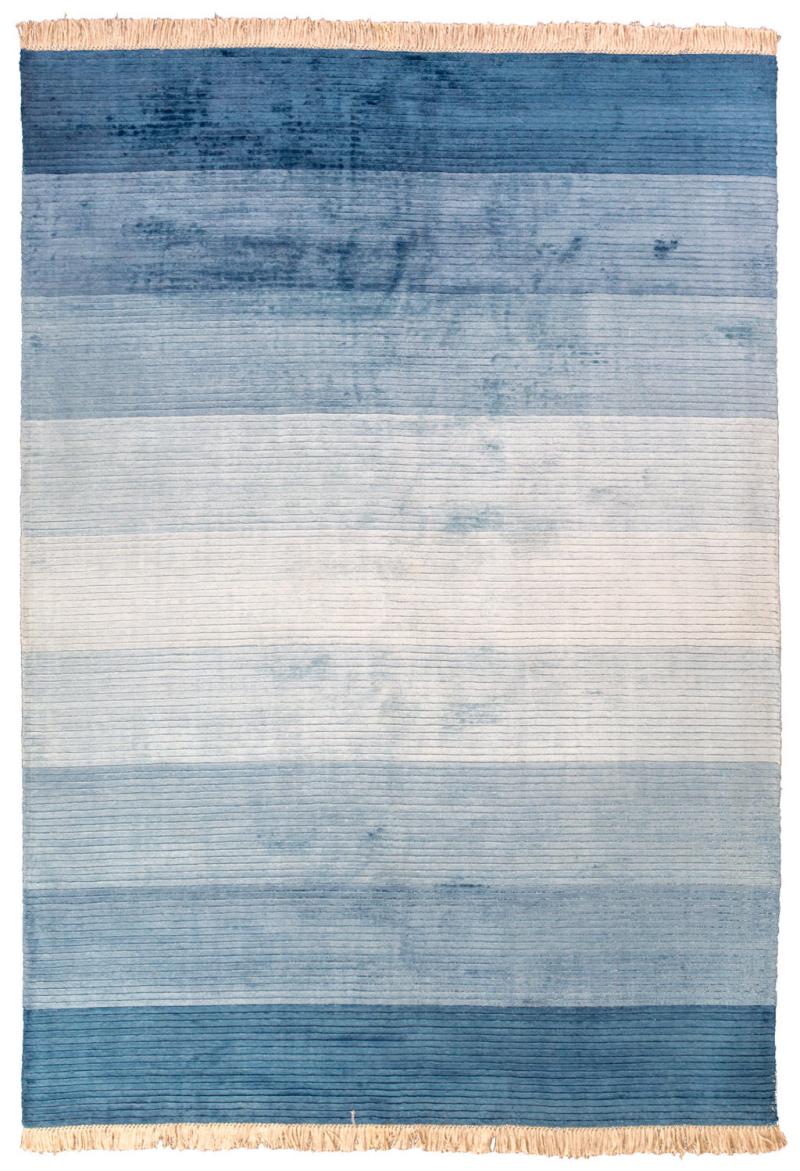 Blue ombre striped area rug with fringe ends