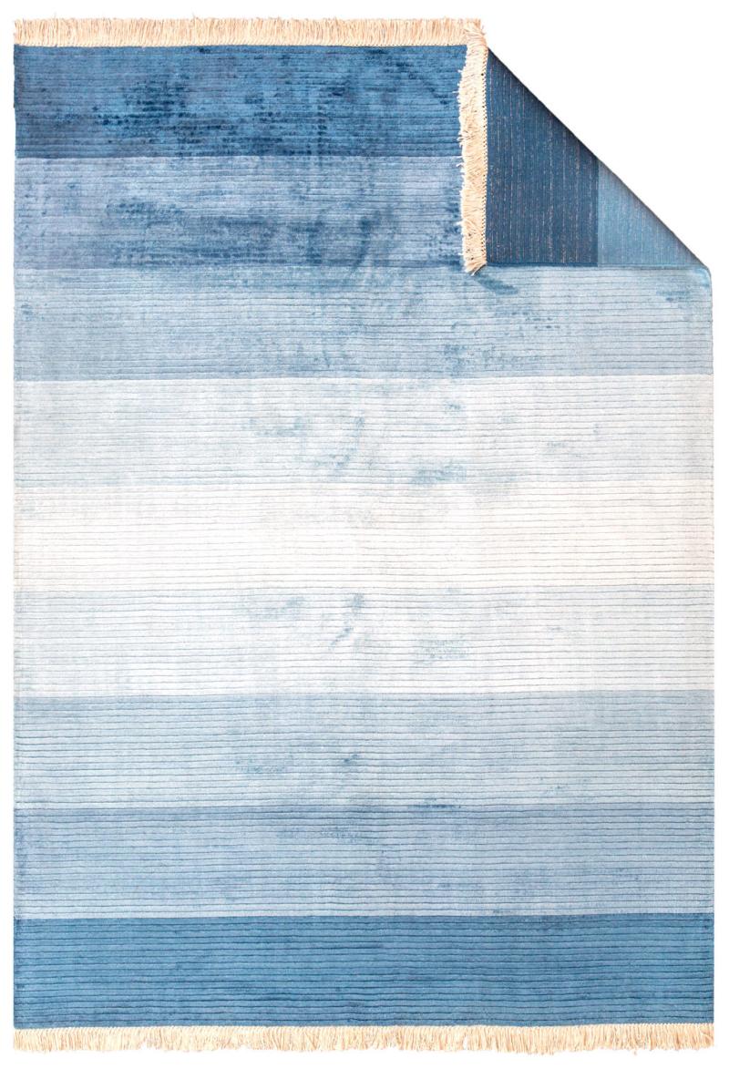 Blue ombre striped area rug with fringe ends