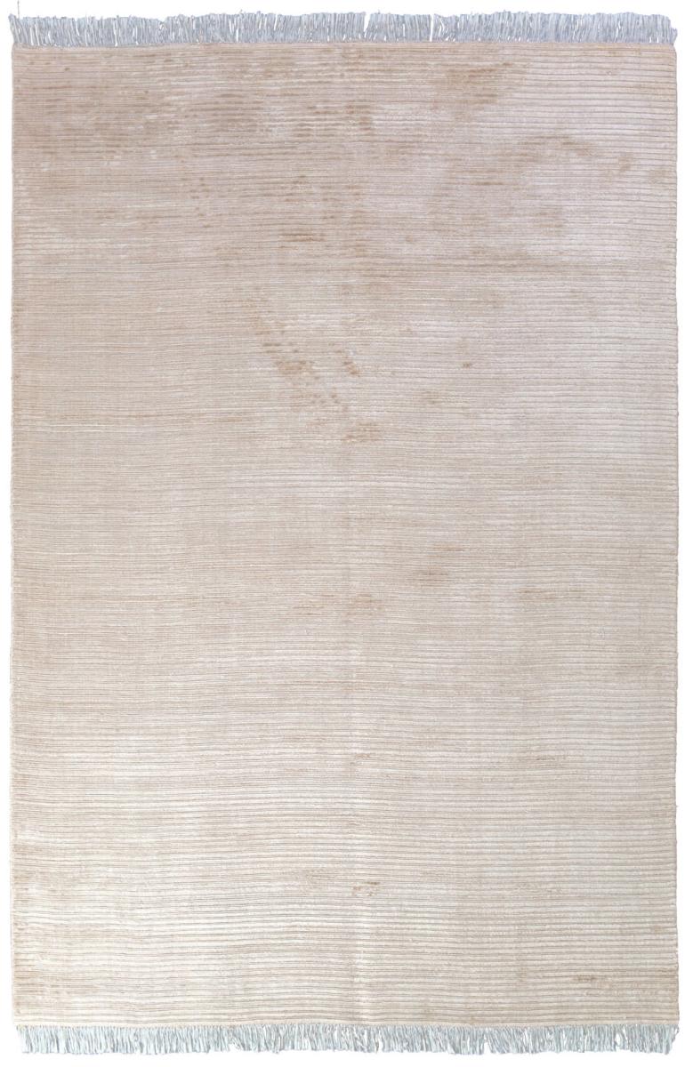 Overhead view of beige striped area rug with fringe