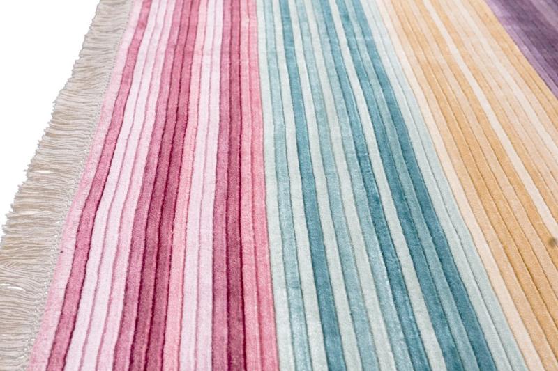 Close-up colorful striped area rug with fringe detail.