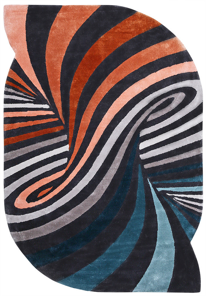 Abstract shaped rug with colorful swirling striped pattern