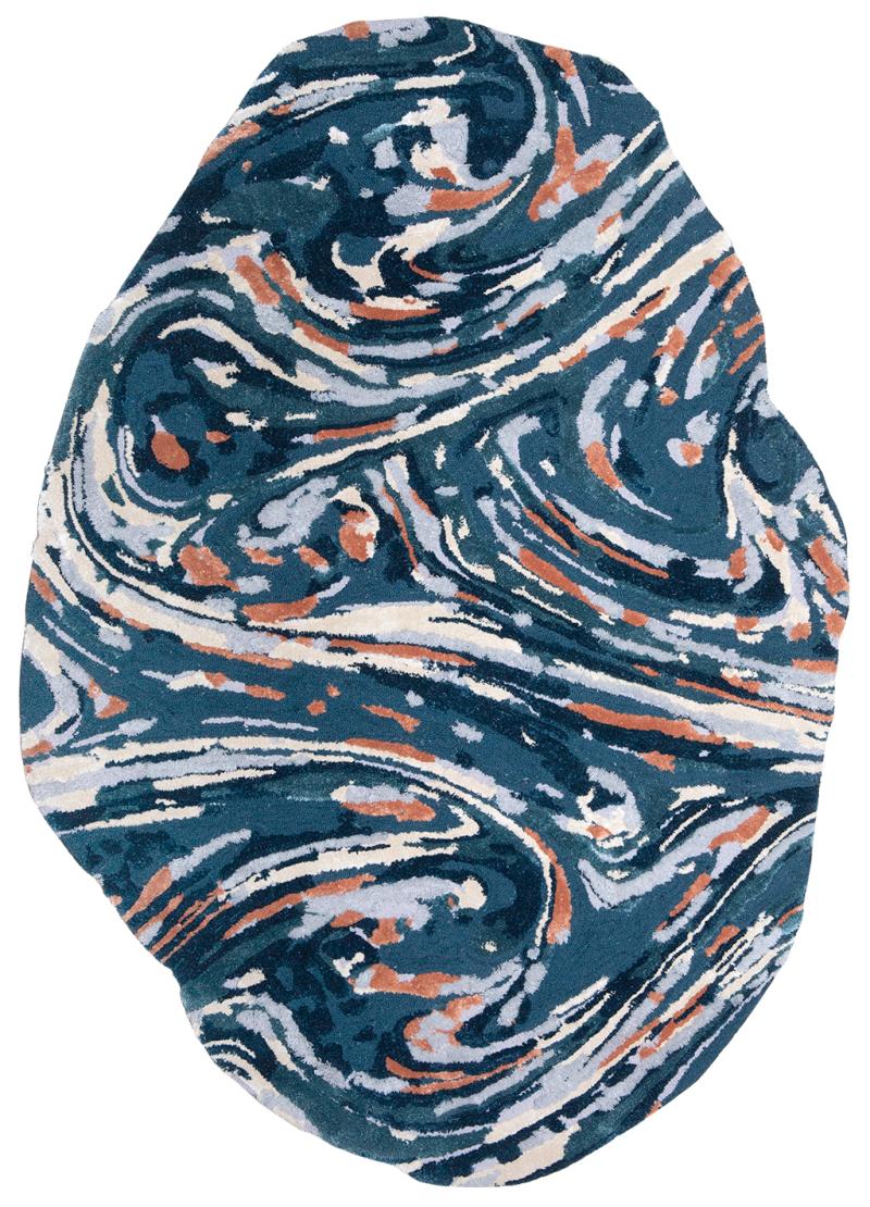 Modern abstract area rug by Luzione featuring swirling blues, creams, grays, and terracotta. A unique wool rug for living room or bedroom decor.