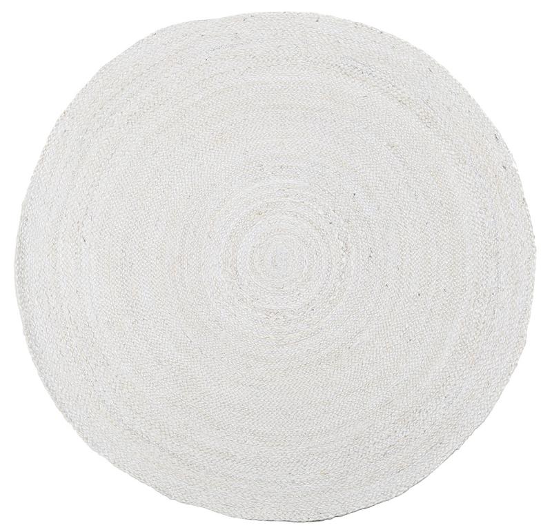 Round bleach-toned rug with textured woven pattern, top-down view on white background.