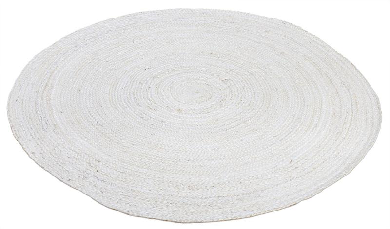 Round bleach finish rug shown at a slight angle with woven texture.
