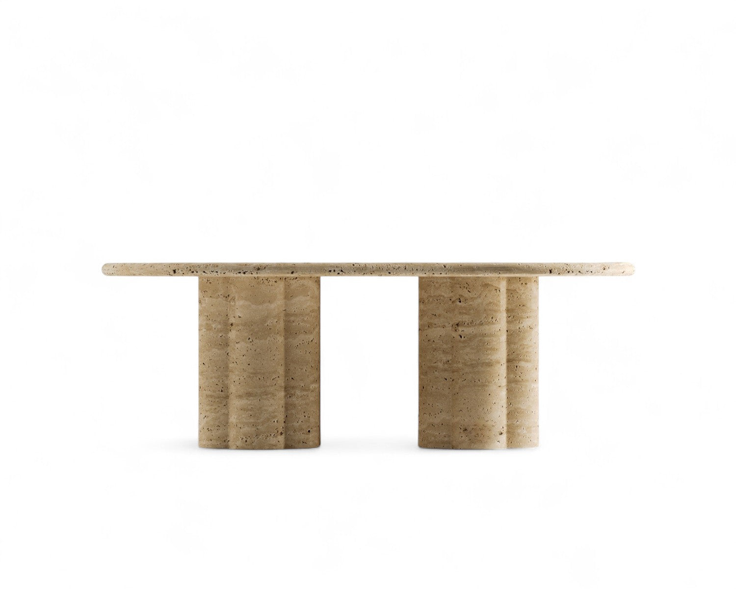 Travertine stone table with two fluted cylindrical bases on white background