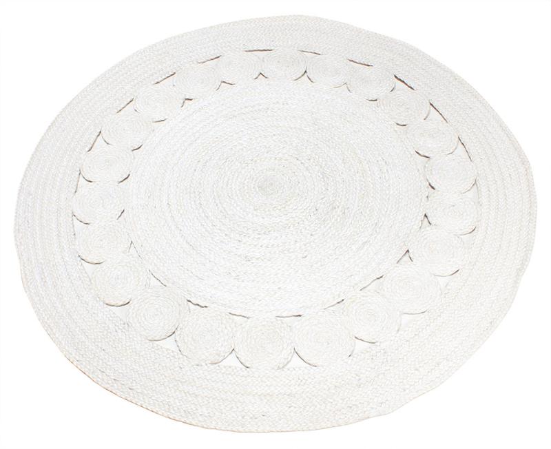 Overhead view of white braided round rug with border pattern