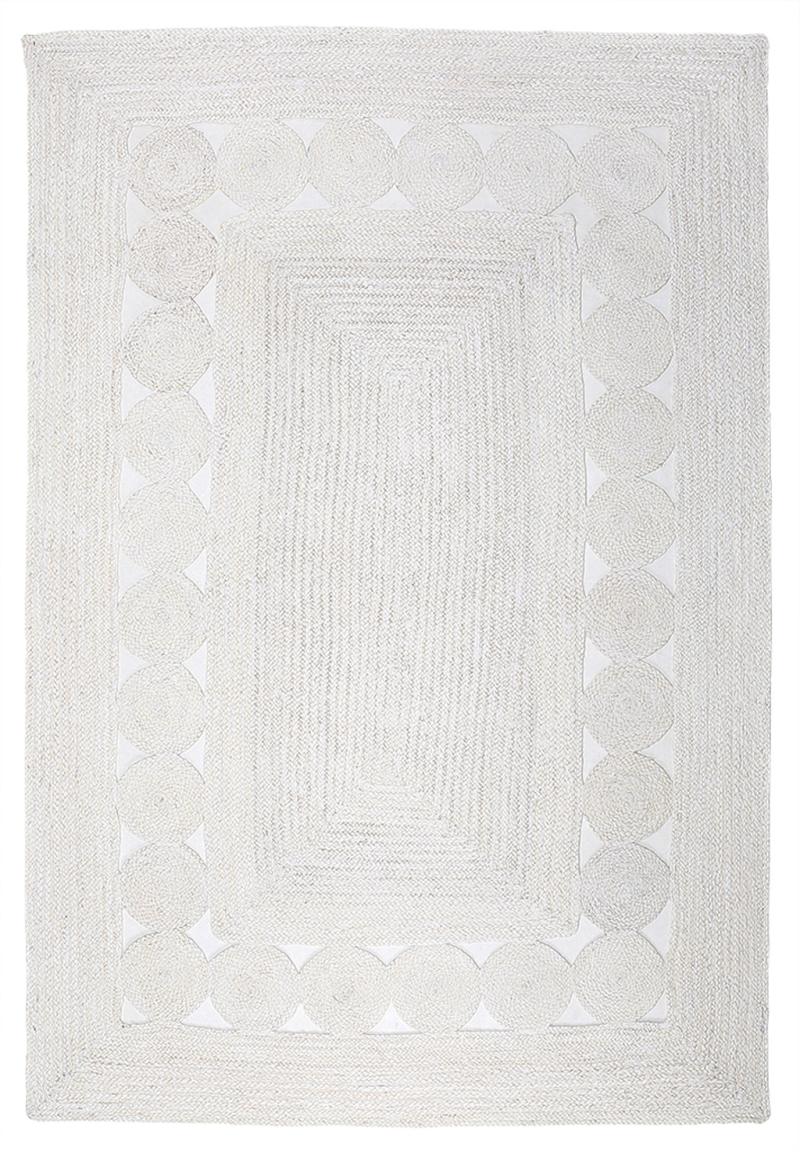 Overhead view white braided jute rug circular border pattern