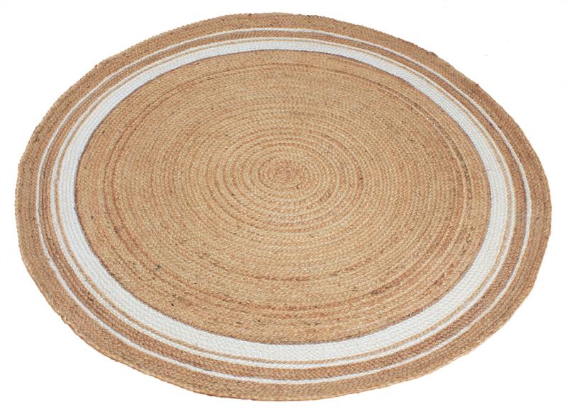 Top-down view of a round Luzione 915 Urban Rug. Natural jute with white border, handcrafted, eco-friendly. Ideal for living room or bedroom