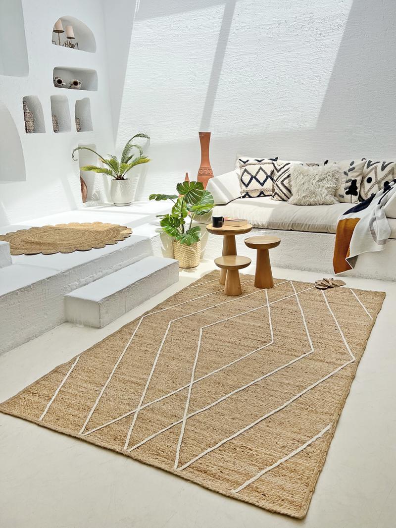 Interior view white room natural fiber rug geometric pattern