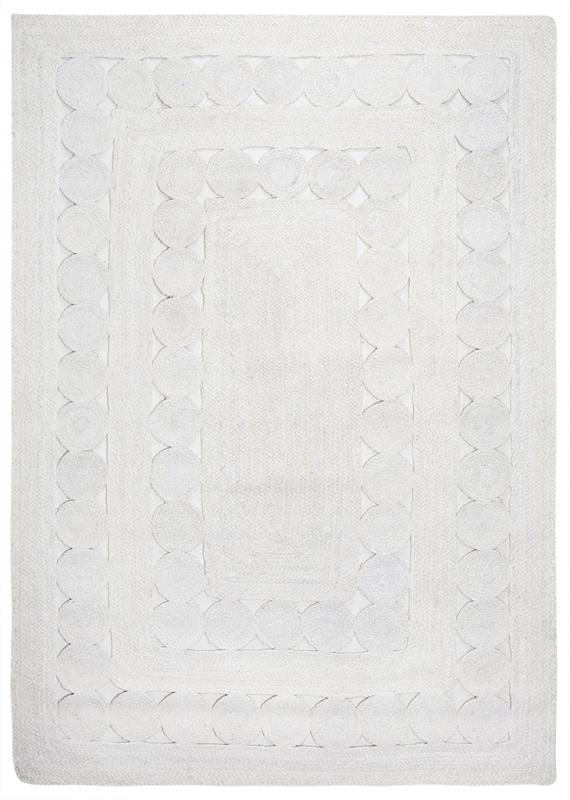 White woven rug with scalloped circle border design