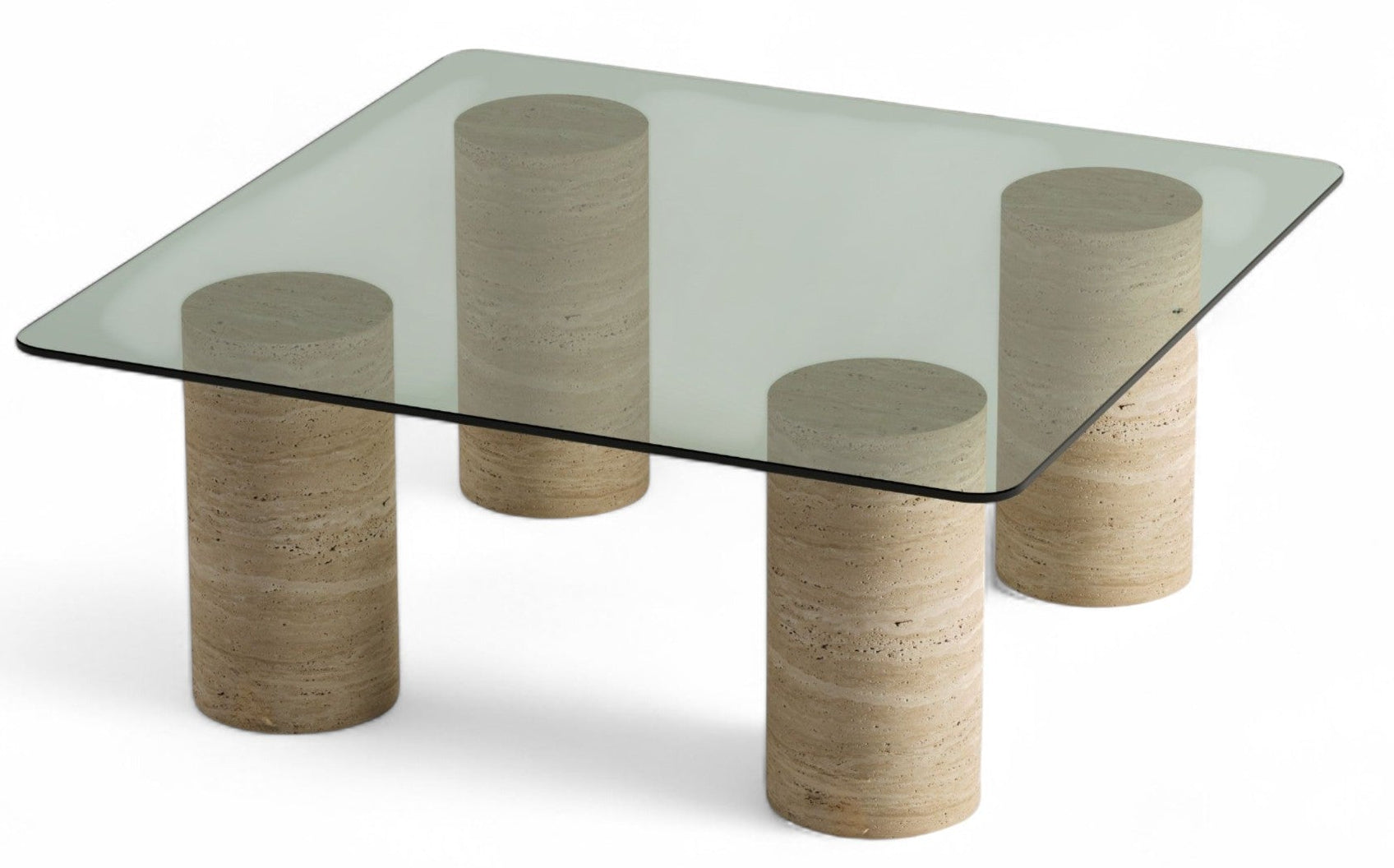 Square glass coffee table with four travertine cylinder legs. Travertine coffee table, glass top, cylinder legs, modern furniture. View of a modern square glass top coffee table with four cylindrical travertine legs on a white background.