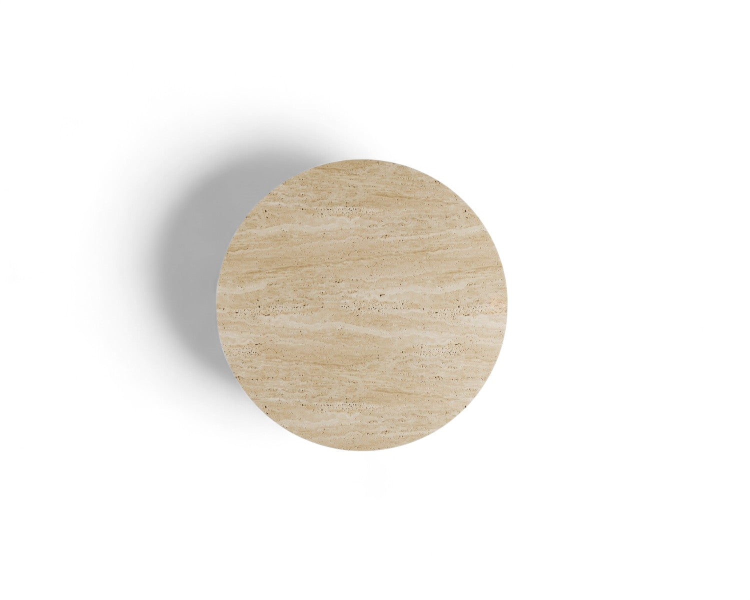 Overhead view round beige travertine table top white background