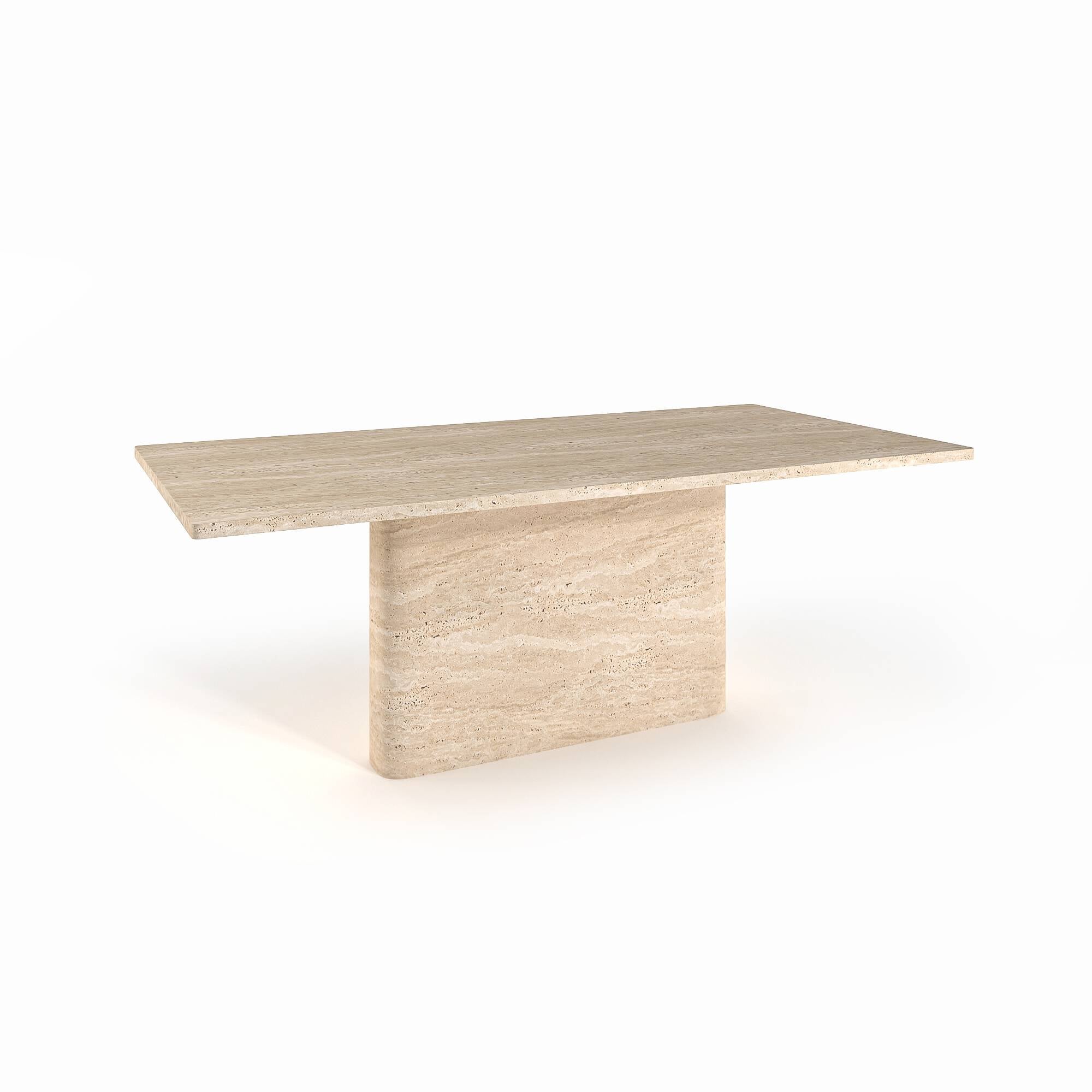 Luzione Sukh Wide Leg Travertine Dining Table: A modern stone furniture piece with a rectangular top and solid base, perfect for contemporary dining