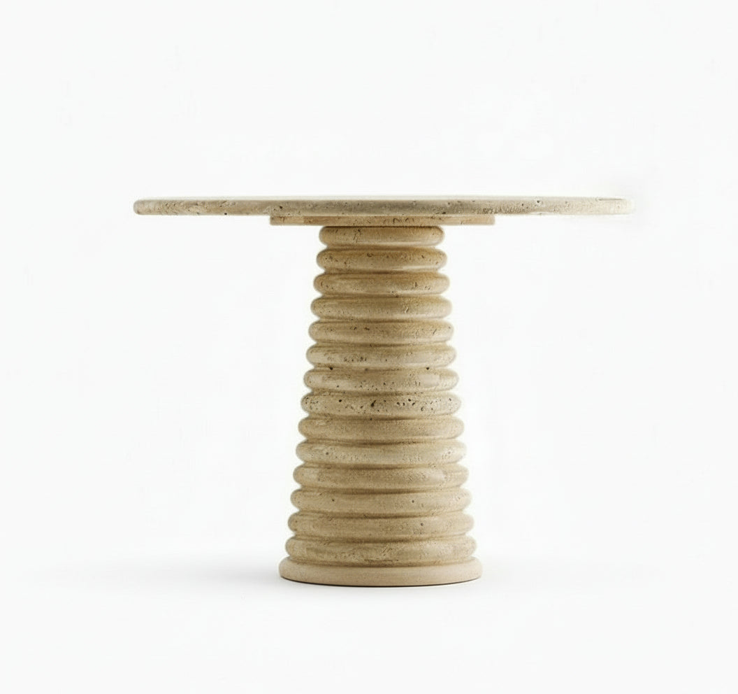 Travertine side table with round top and ribbed base