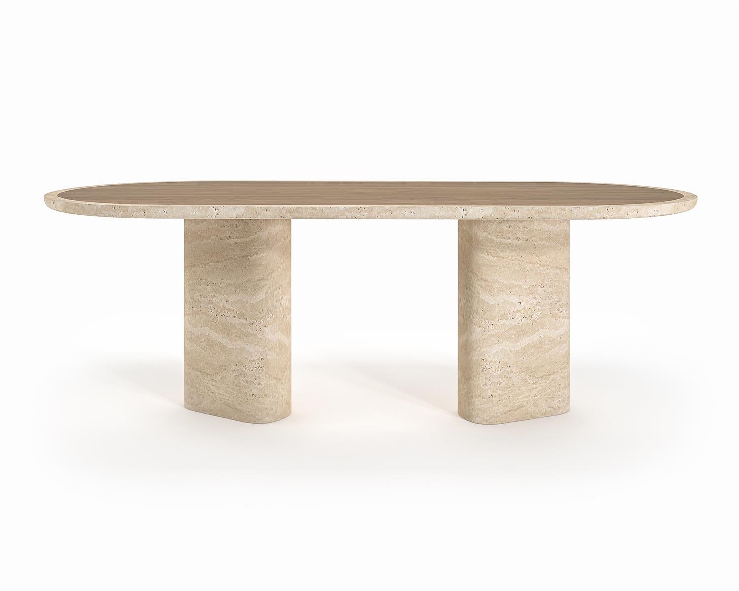 oval wood top travertine pedestal dining table