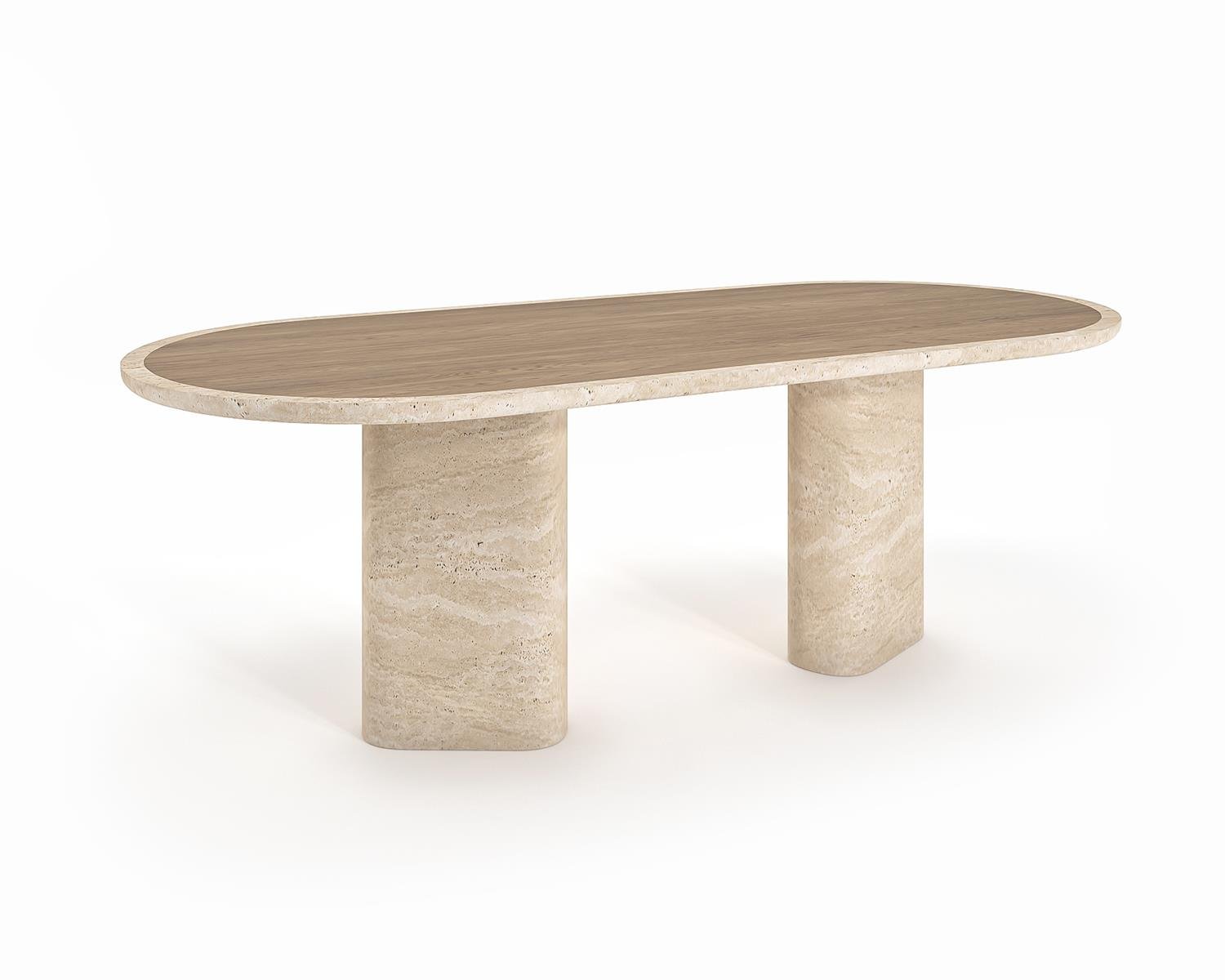 Oval wood and travertine dining table with two pedestal bases
