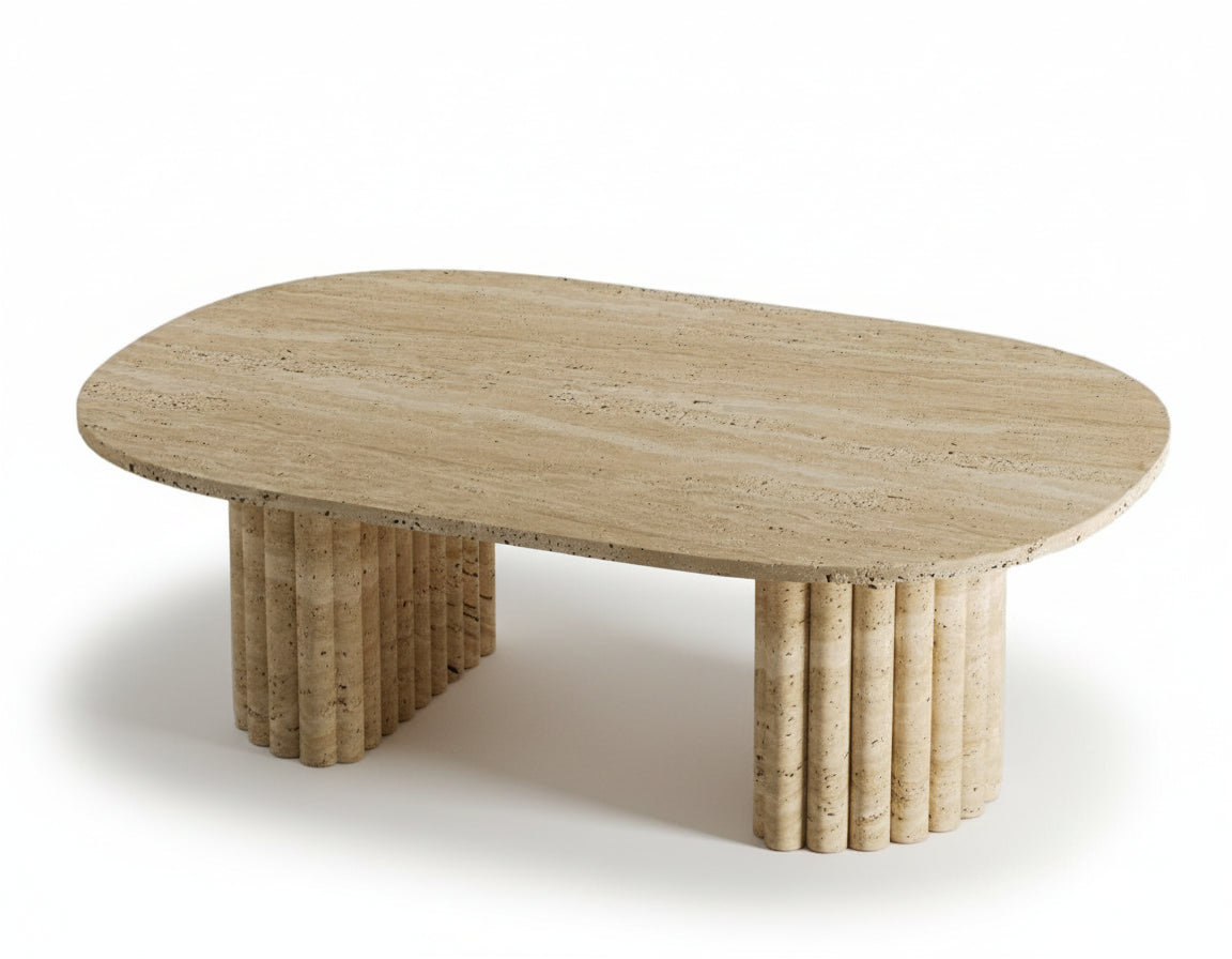Top-down view of Luzione's oval travertine coffee table. Modern stone design adds elegance to any living room.