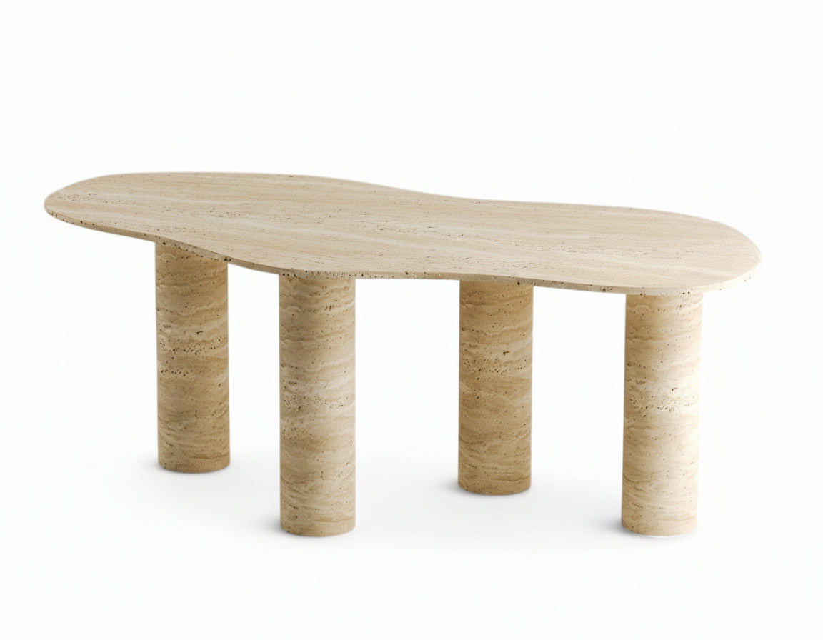 Travertine coffee table with organic shaped top and cylindrical legs