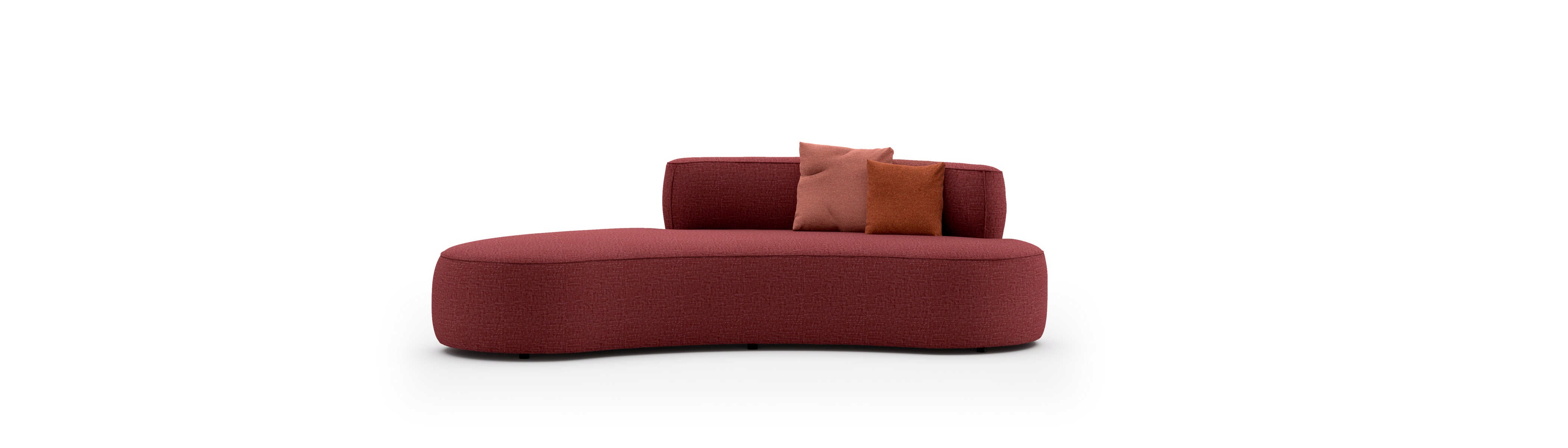 Red fabric chaise lounge with two accent pillows on white background